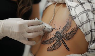 Eine Schwangere Frau lässt sich ein Libellen Tattoo stechen