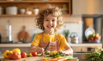 kind mit kindermesser gemeinsam kochen