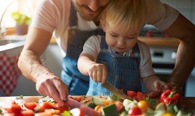 kind schneidet gemuese mit kindermesser